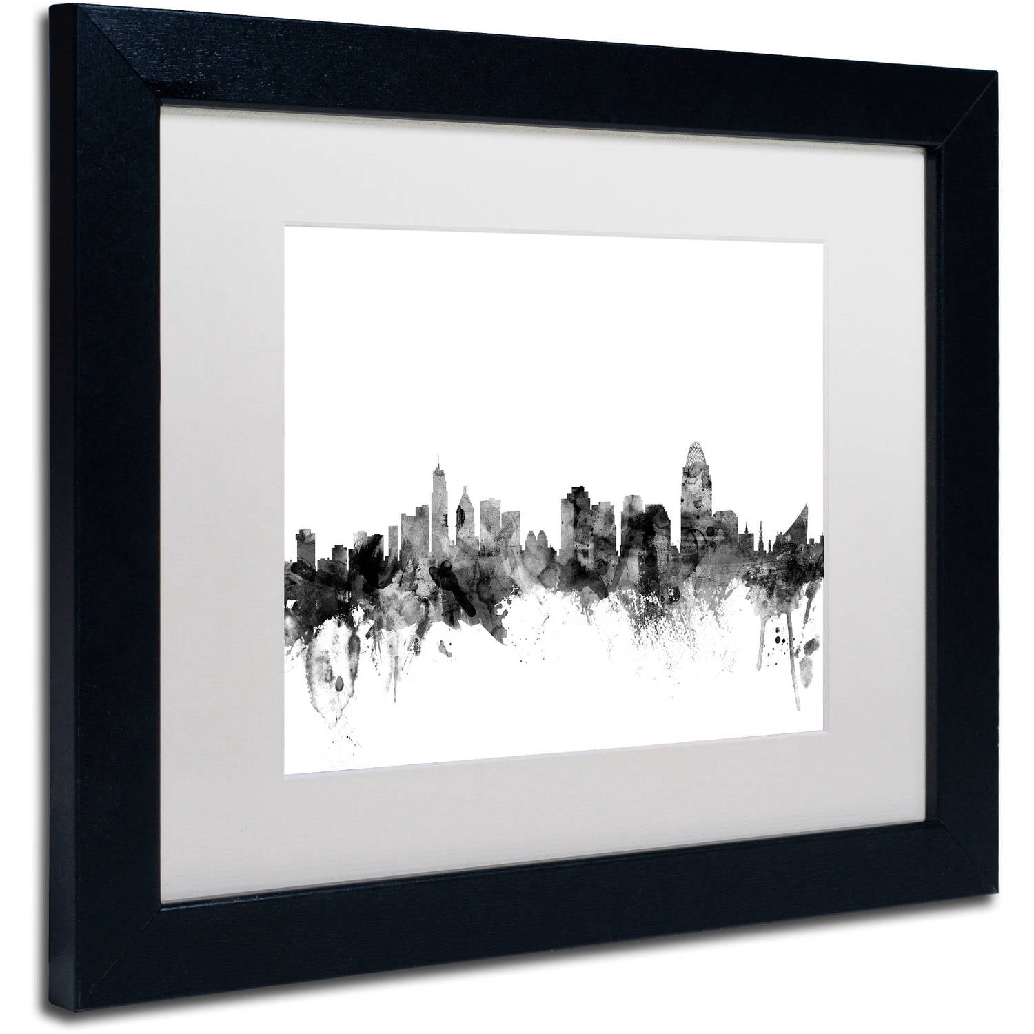 Trademark Fine Art "Cincinnati Ohio Skyline B&W" Canvas Art by Michael Tompsett, White Matte, Black Frame