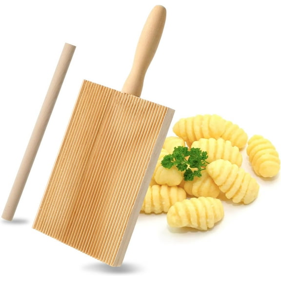 TEXIJUSO Gnocchi Boards and Ravioli Rolling Pin, Wood Gnocchi Pasta Making Tools Curved Gnocchi Board Paddle Roller for Homemade Pasta for Pasta Lovers Baking