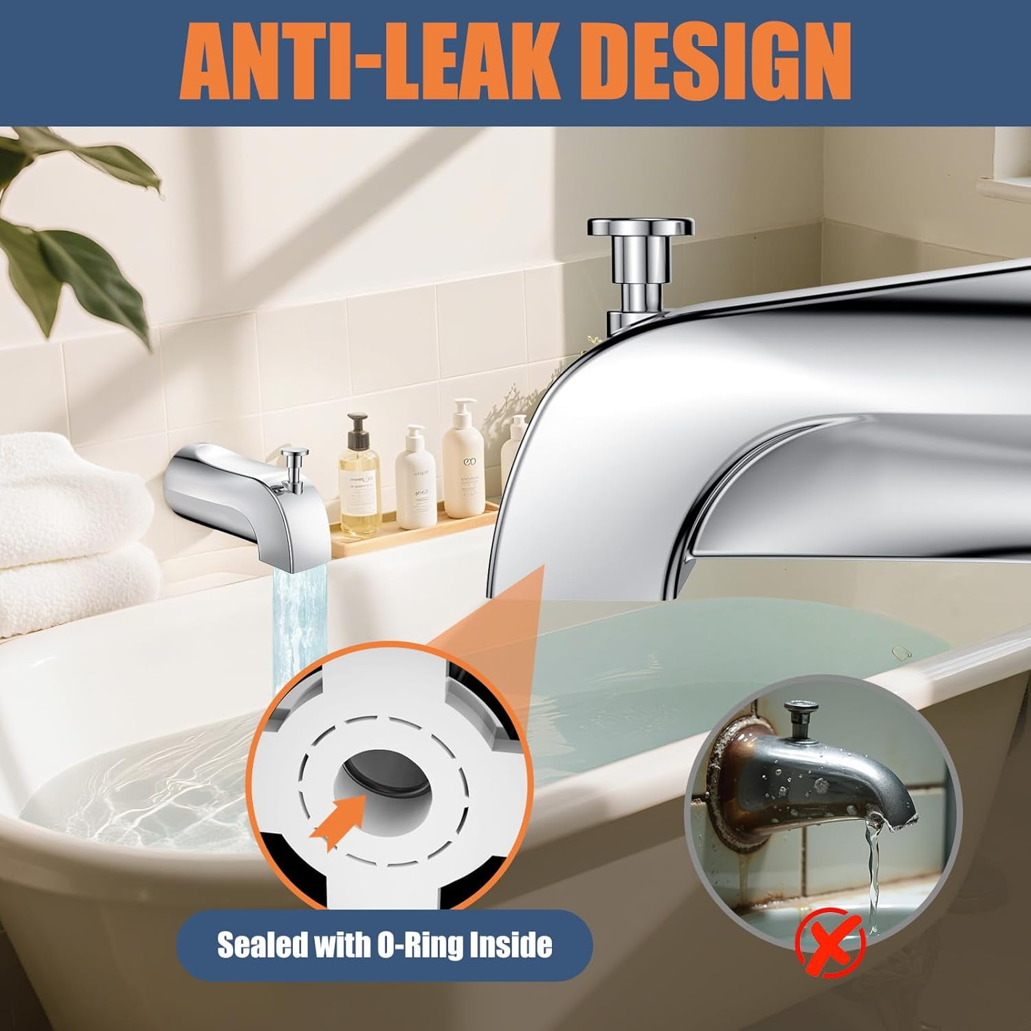 Universal Bathtub Tub Spout with Diverter, Fits 1/2" Slip-Fit Copper Pipe Connection, Pull Down Bathtub Faucet Spout Replacement, Easy Installation (Chrome)