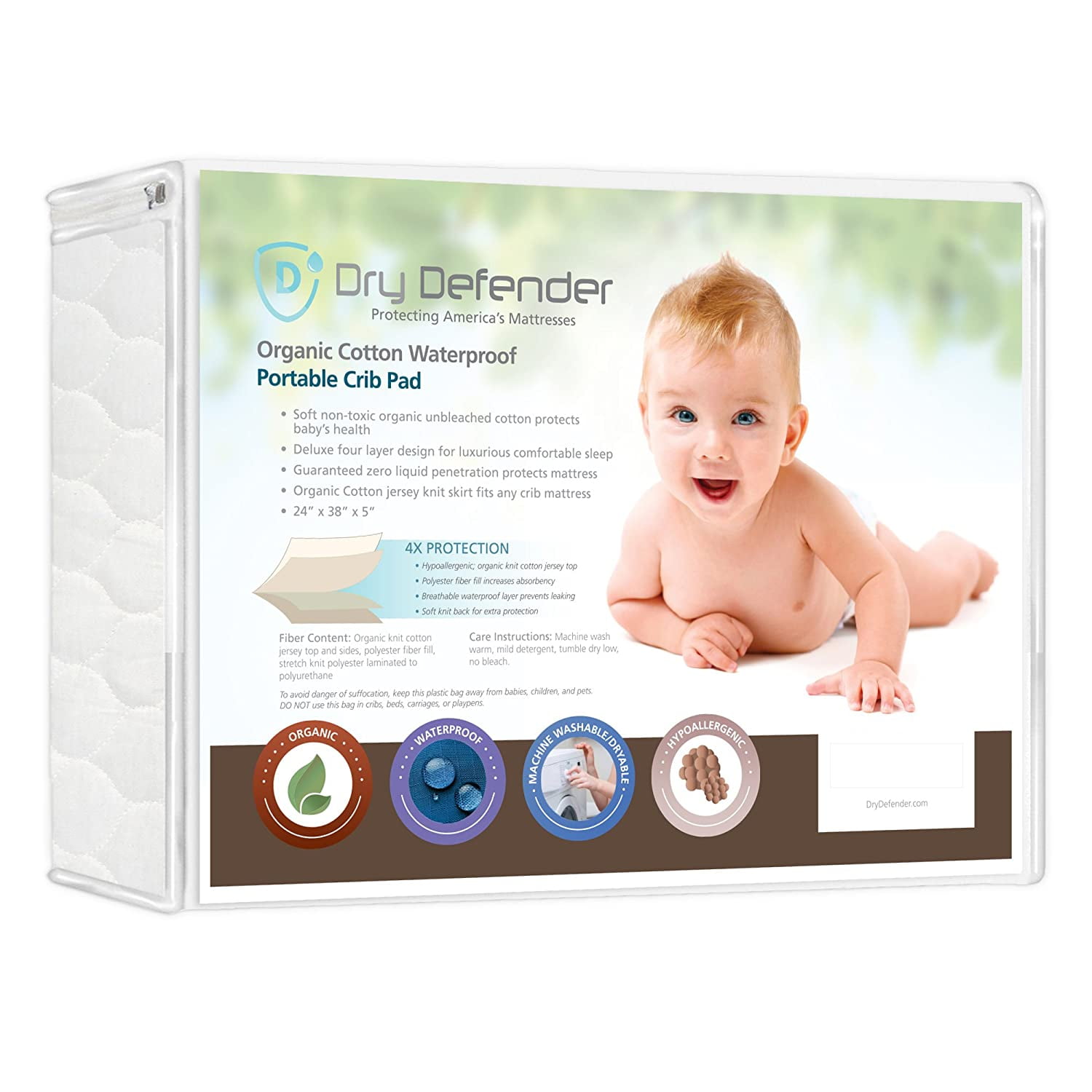 Organic Cotton Waterproof Portable Crib Pad Natural Quilted Mini Baby
