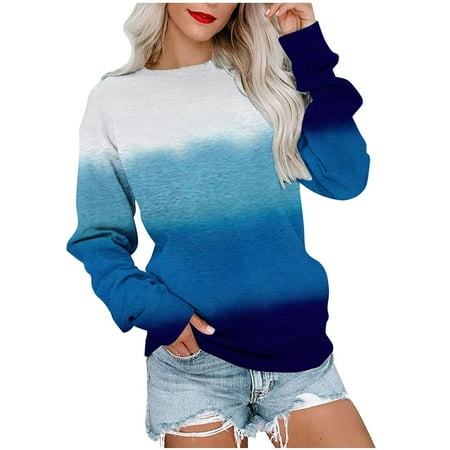 Yyeselk Hoodless Sweatshirts for Women Casual Round Neck Long Sleeves Tunic Tops Trendy Gradient Color Loose Fit Ladies Holiday Blouses Blue L