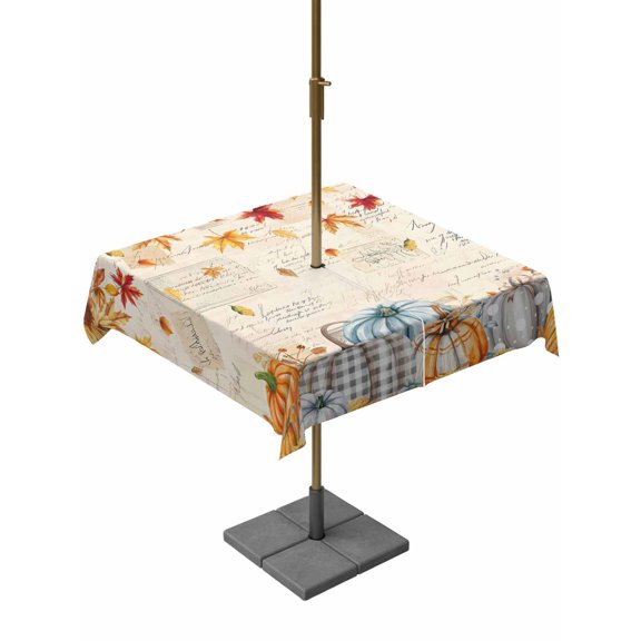 Outdoor Tablecloth with Umbrella Hole and Zipper, Orange Fall Square Table Cloth 60x60 Inch Waterproof Tablecloth, Thanksgiving Maple Leaf Birds Vintage Picnic Table Cover for Patio Camping