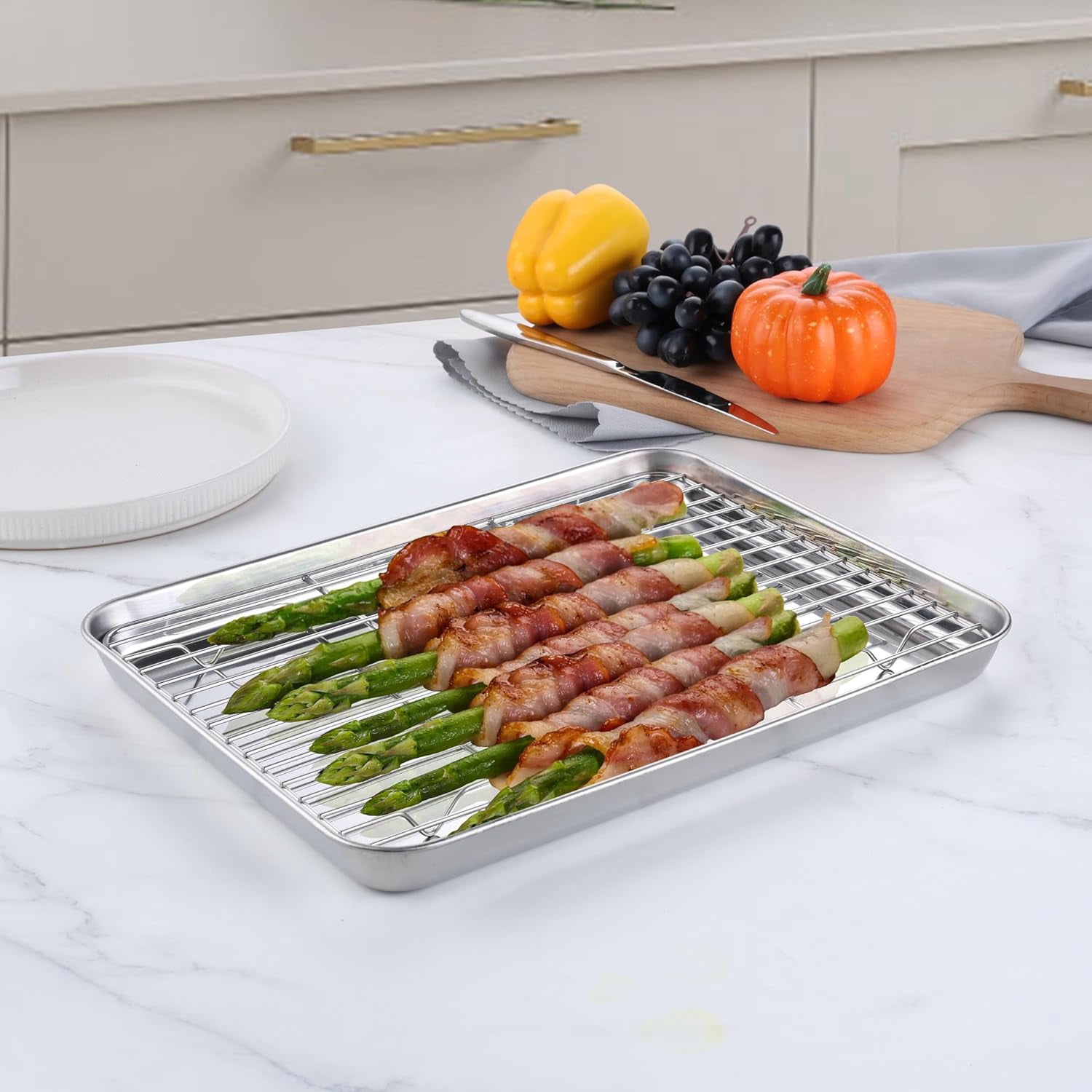 Quarter Sheet Pan with Rack Set (2 Sheets + 2 Racks), 9x13 Stainless Steel Baking Sheets with Non Toxic, Metal Cookie Bacon Tray for Toaster Oven Baking Cooking, Dishwasher Safe