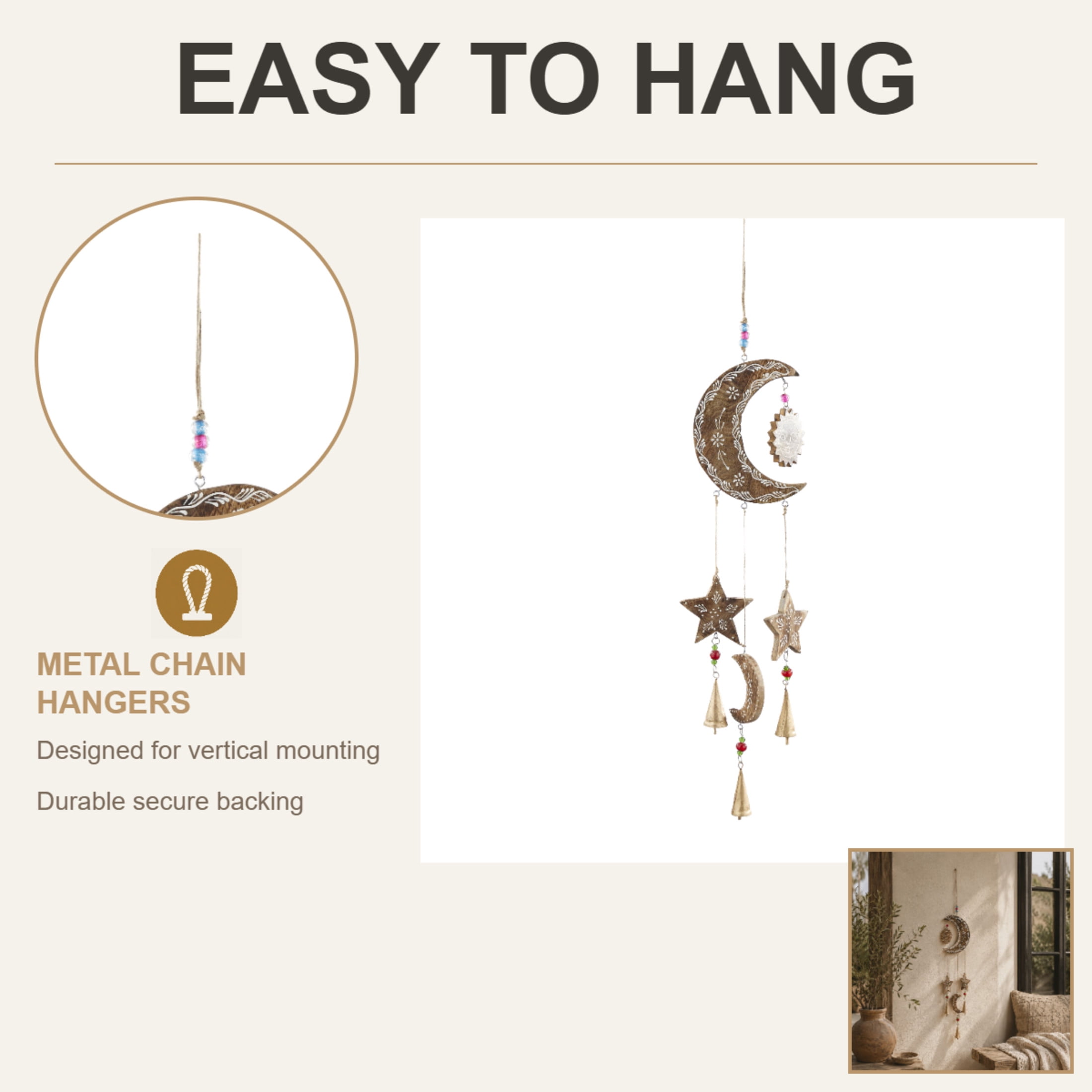 DecMode 34" Gold Mango Wood Handmade Sun and Moon Windchime with Glass Beads and Cone Bells