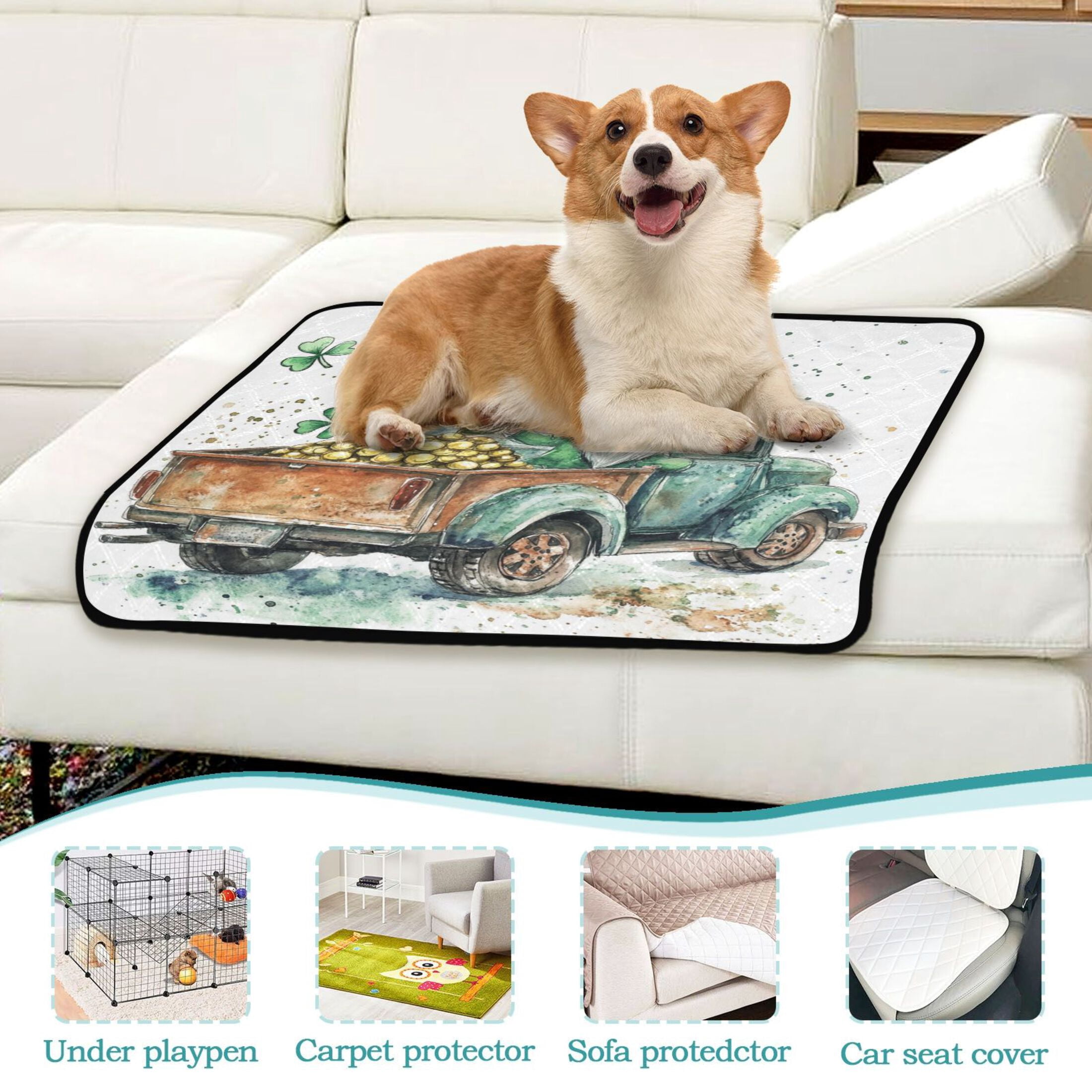 Qxltty St Patricks Day Lucky Car Cat litter Pads Pet Set of 2 Diaper Mats Center Anti-leakage Layer Absorbent Soft and Comfortable