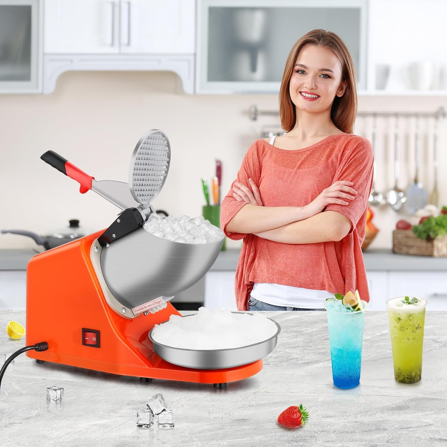 Electric Ice Crushers 300W 2000r/min w/Stainless Steel Blade Shaved Ice Snow Cone Maker Kitchen Machine (Orange)