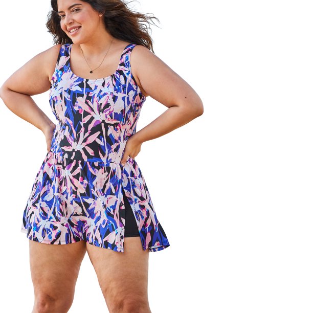 Swimsuits For All Women's Plus Size SideSlit Swim Dress 32 Blue Pink