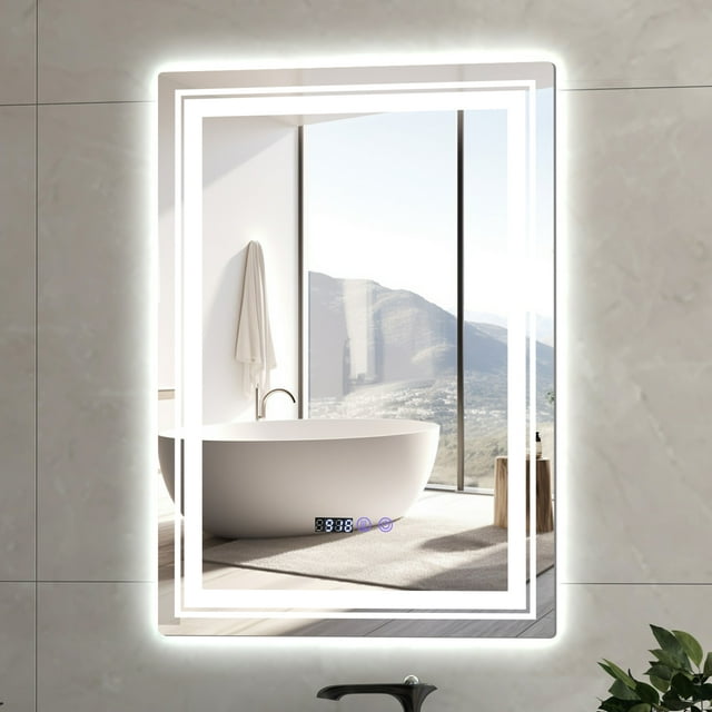 Costway Miroir de Salle de Bain à DEL Anti-Buée 28 Pouces x 20 Pouces Miroir de Meuble-Lavabo Incassable 3 Couleurs