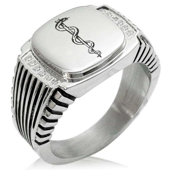 Tioneer Stainless Steel Rod of Asclepius CZ Ribbed Needle Stripe Pattern Biker Style Polished Ring