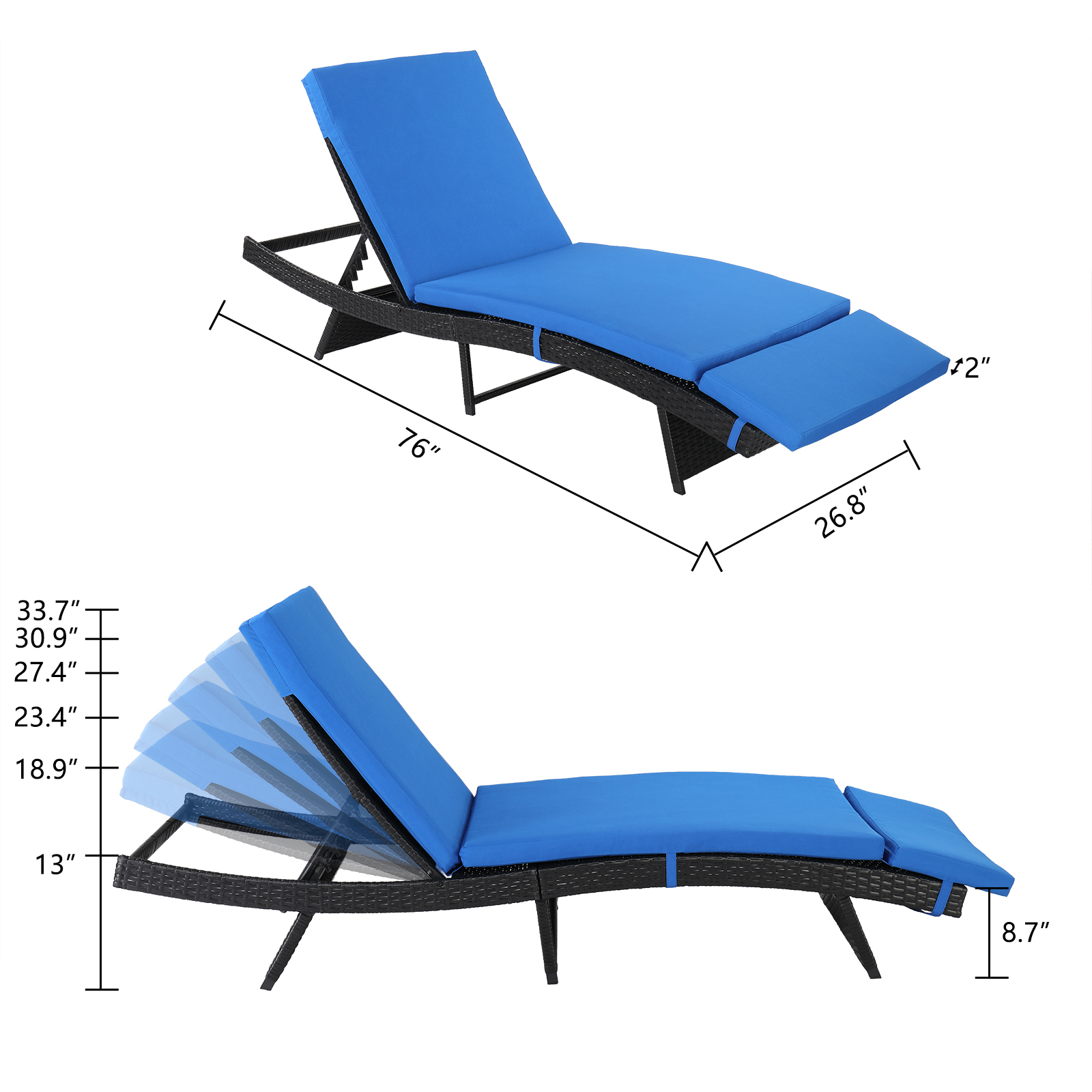Outdoor Patio PE Wicker Chaise Lounge, 5-Position Adjustable Reclining Lounge Chair, Outdoor Sun Lounger with Removable Cushions for Patio Poolside Backyard Porch Garden, B32 - image 5 of 9