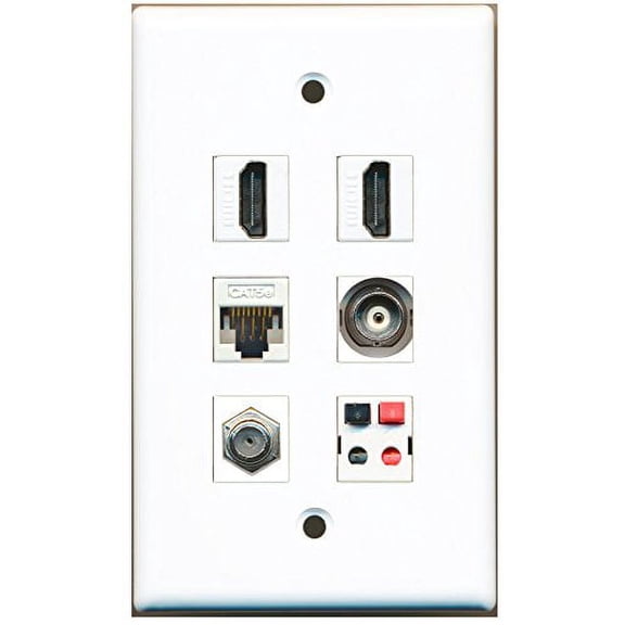 RiteAV - 2 HDMI 1 Port Coax Cable TV- F-Type 1 Port BNC 1 Port Cat5e Ethernet White 1 Port Speaker Wall Plate