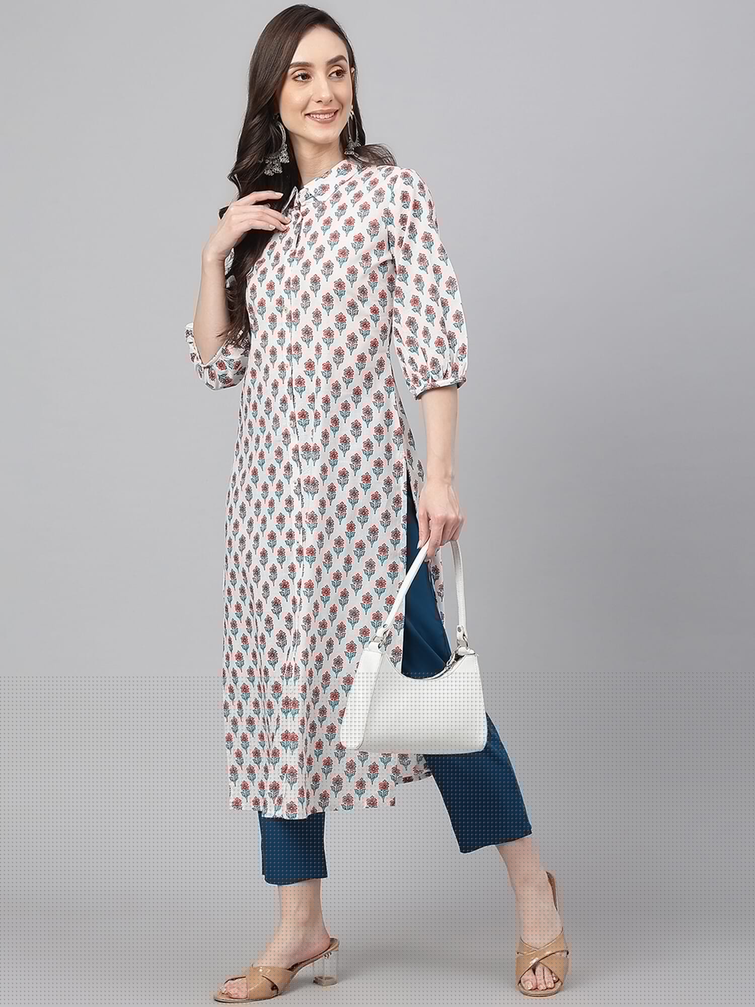 thumbnail image 4 of Janasya Indian Women's White Cotton Floral Print Straight Kurta, 4 of 8