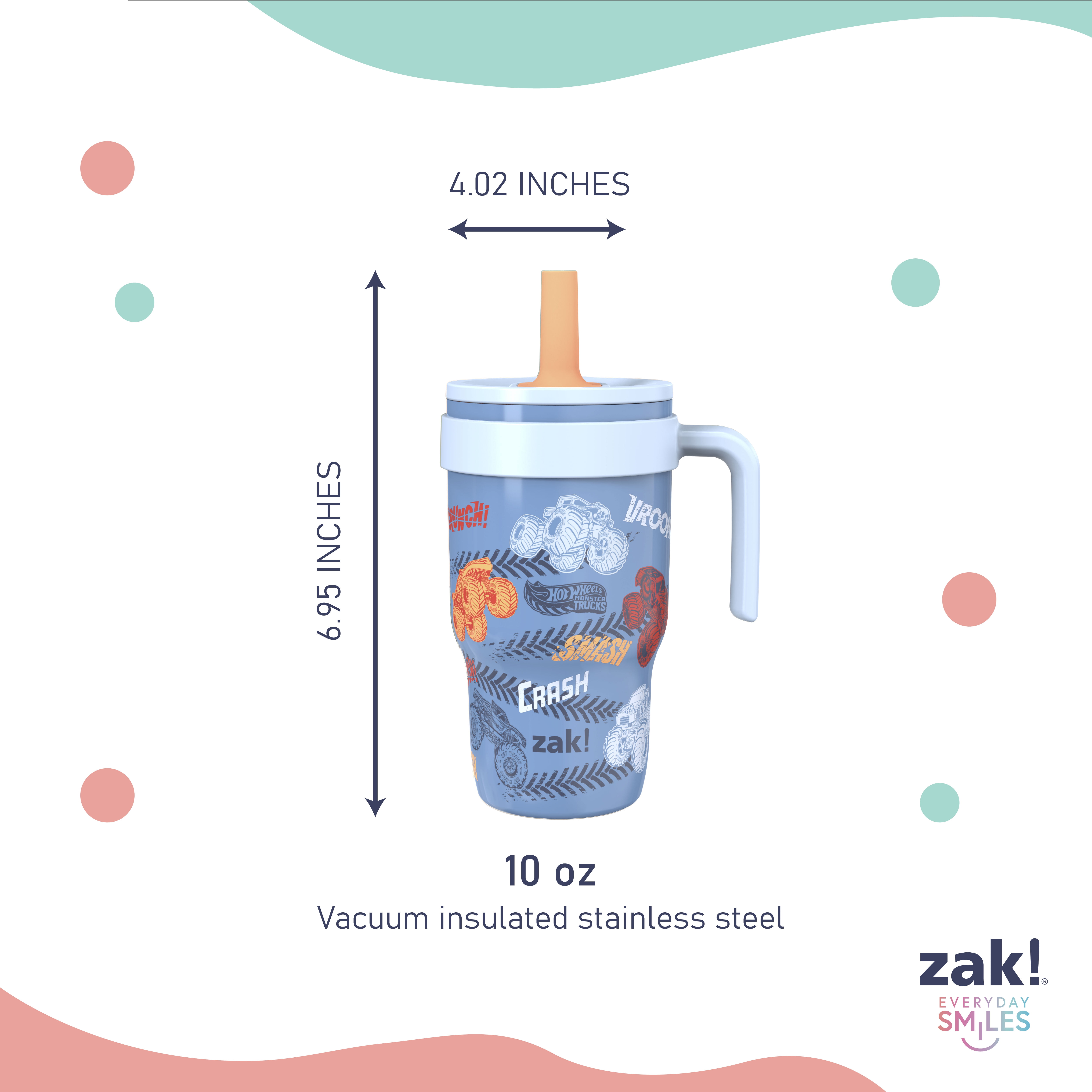 Zak Designs 10oz Hot Wheels Double Wall Stainless Steel Cruiser Tumbler with Handle and Soft Silicone Straw, Leak-Proof
