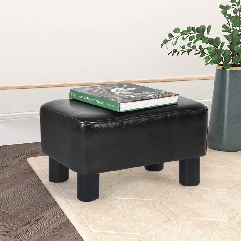 Costway PU Leather Foot Wood Ottoman for Living Room, Padded Low