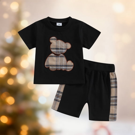 CAIVO Children Stylish Bear Embroidery Summer Outfit Sets For Toddlers Boys Girls Short Sleeve Striped Shorts Two Piece Playwear Classic Clothes Sets