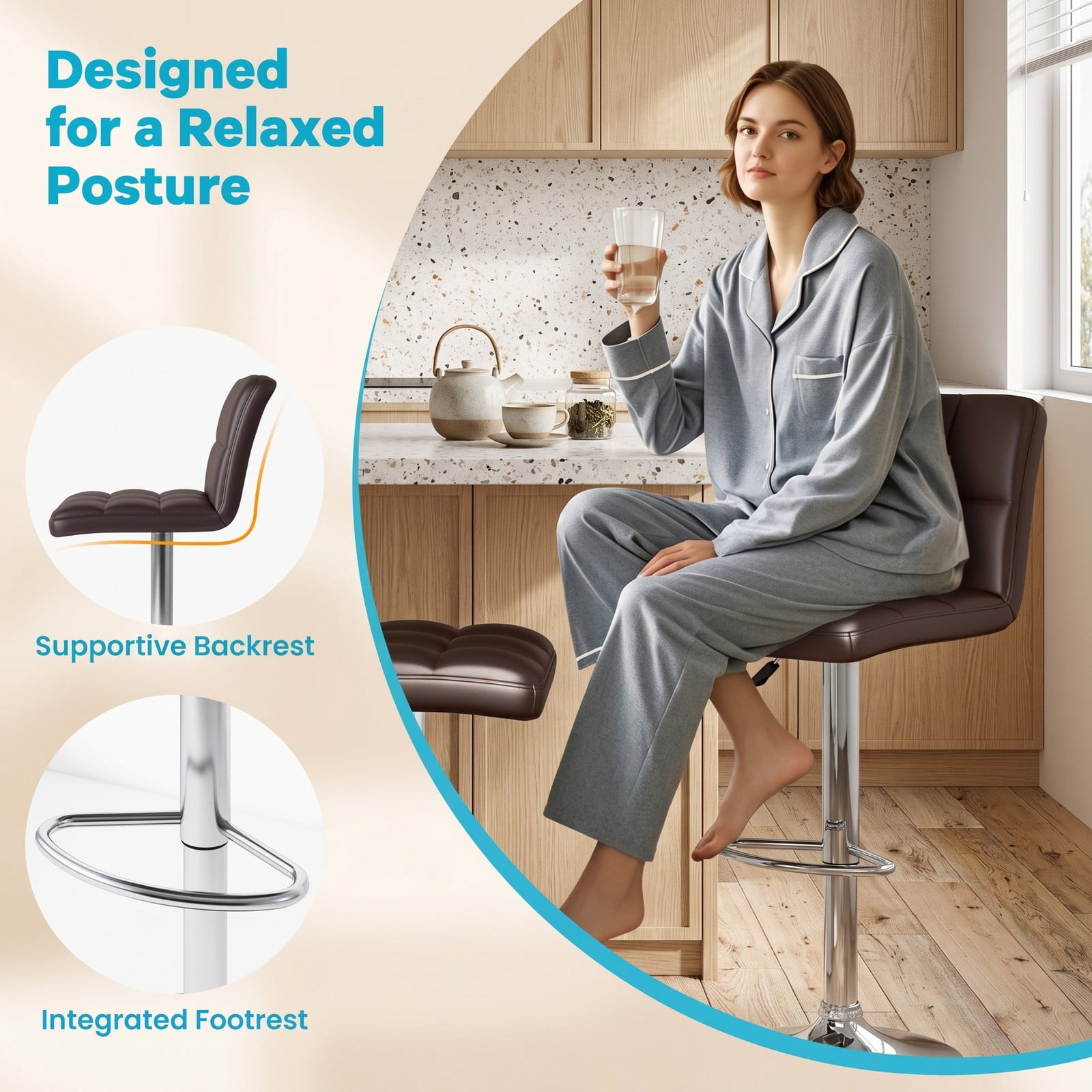 Furnibear Set of 2 Square Swivel Bar Stools, Adjustable Height PU Leather Counter Stools with Back and Footrest, 360-Degree Swivel Upholstered Kitchen Island, Coffee