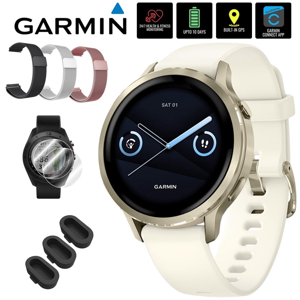 Garmin Venu 4, 41mm Health & Fitness GPS Smartwatch, Lunar Gold with Bone Silicone Band 010-03013-00 Bundle with Deco Essentials 3x 18mm Metal Bands, 3x Silicone Dust Cover and 2x Screen Protector