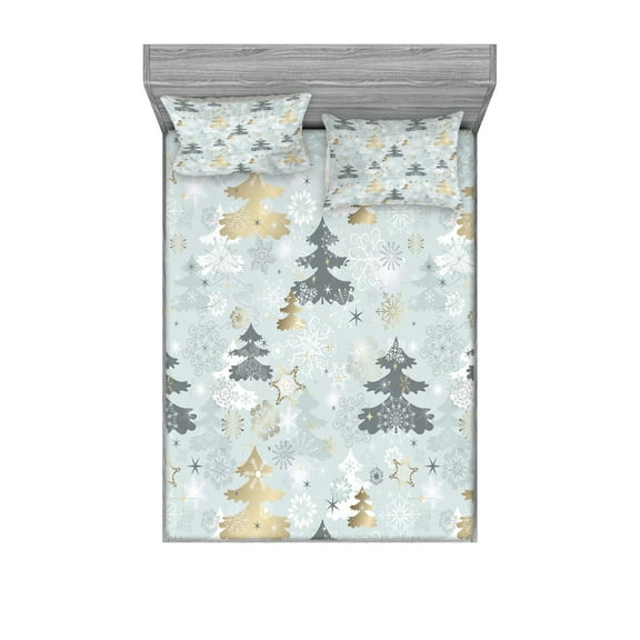 Ambesonne Nature Fitted Sheet & Pillow Sham Set, Retro Soft Pine Tree, Full, Blue Grey and Dark Mustard