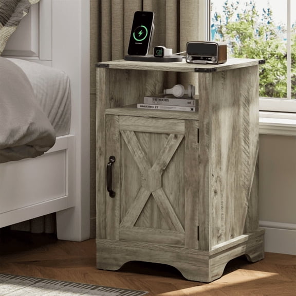 Linxita Farmhouse Nightstand, End Table with Charging Station, Tall Bedside Table with Large Storage Room and Shelf, Wooden Rustic Side Table for Bedroom, Home Office, Gray