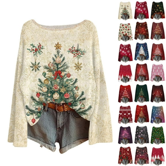 Xuniizn Christmas Sweaters for Women Crewneck Long Sleeve Shirts Tops Christmas Tree Printed Casual Lightweight Women's Sweaters Fall Winter Clothes Outfits