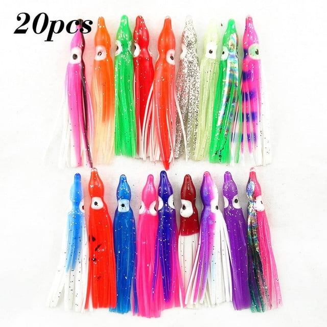 GLFILL 20 Pcs Leurres de Pêche Artificiels en Forme de Pieuvre, Appâts Colorés pour Eau Salée, Accessoires de Pêche en PVC Résistants à l'Usure 5-16cm