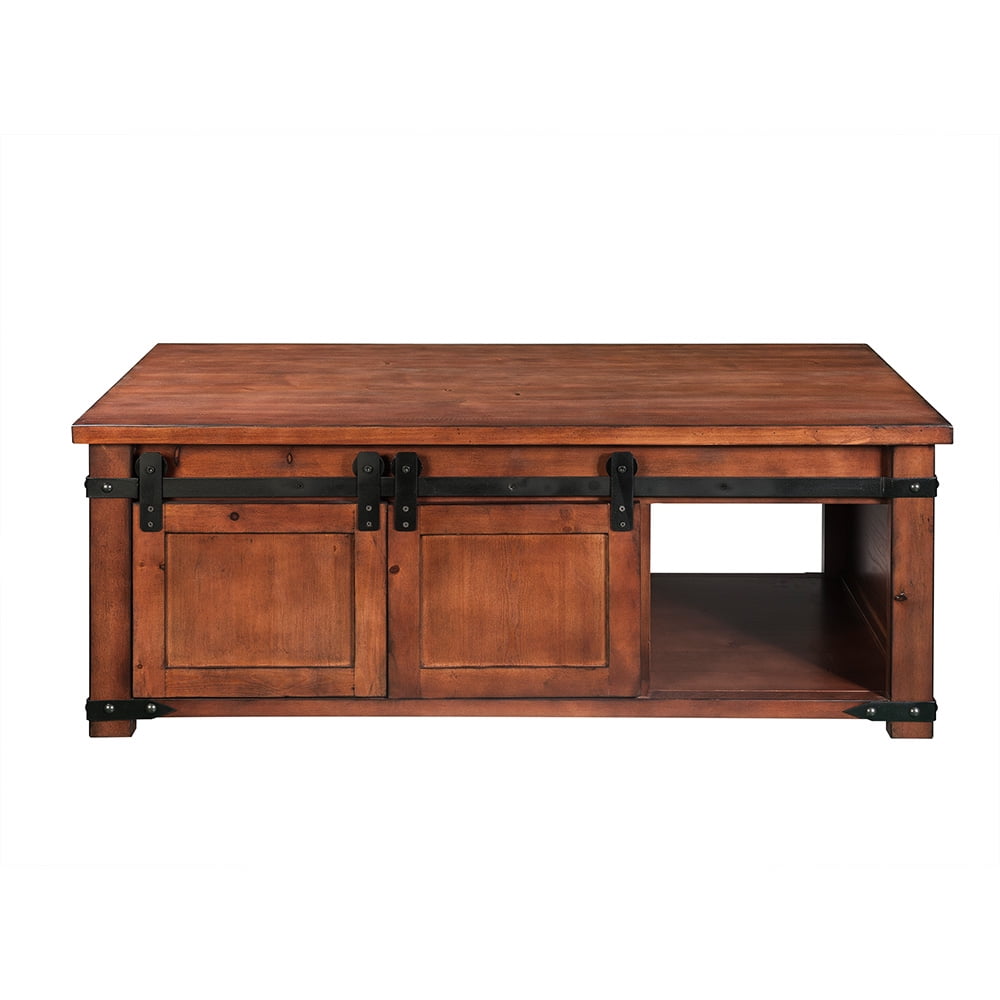 Kepooman Rustic Farmhouse Coffee Table with Sliding Barn Doors and Storage Cabinets for Living Room - Brown Kepooman Rustic Farmhouse Coffee Table with Sliding Barn Doors and Storage Cabinets for Living Room - Brown