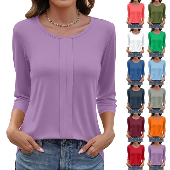 3/4 Length Sleeve Womens Tops Casual Crewneck Spring Summer Pleated Tunic Tops Beach Vacation T Shirts Navy L