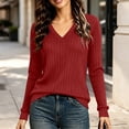 thumbnail image 4 of XRoczxe Women's V-neck long-sleeved ribbed knit top, casual solid color lightweight pullover | suitable for everyday commuting and all-day wear., 4 of 7