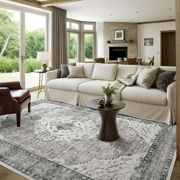 Area Rugs For Bedroom Living Room - Machine Washable Rugs Large Non-Slip Family & Pet Friendly Area Rugs Carpet Oriental Neutral Print Floor Rug Border Grey/Navy-1x2ft
