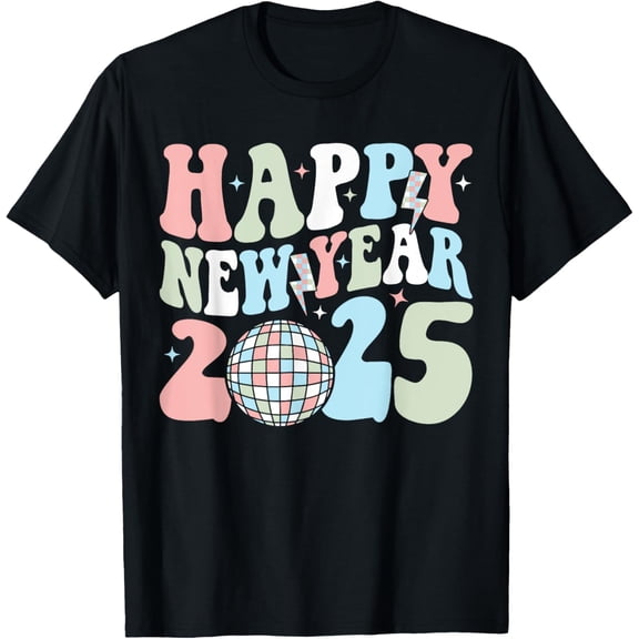 Retro Groovy Happy New Year 2025 Cute New Years Eve NYE 2025 T-Shirtmen and women can wear, black, white, gifts.S,M,L,XL,2XL,3XL,2203XL
