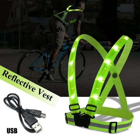 USB Charger 14 LED Light Safety Reflective Vest Adjustable Stripes Running Cycling Night