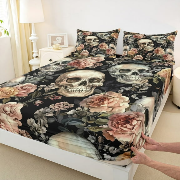 Castle Fairy Gothic Skull 3pcs Twin Sheet Sets,Chic Flower Twin Fitted Sheet,Exotic Style Breathable Flat Sheet,Breathable Floral Home Decor