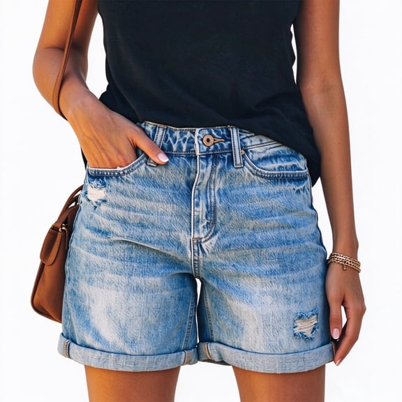 Wevis Women's High Waisted Denim Shorts, Distressed Jean Shorts with Rolled Cuff Hem, Five Pocket Casual Summer Shorts