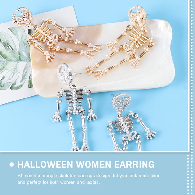 HEALEEP 1Par Pendientes Colgantes Con Esqueleto Dorado Y De Rhinestones