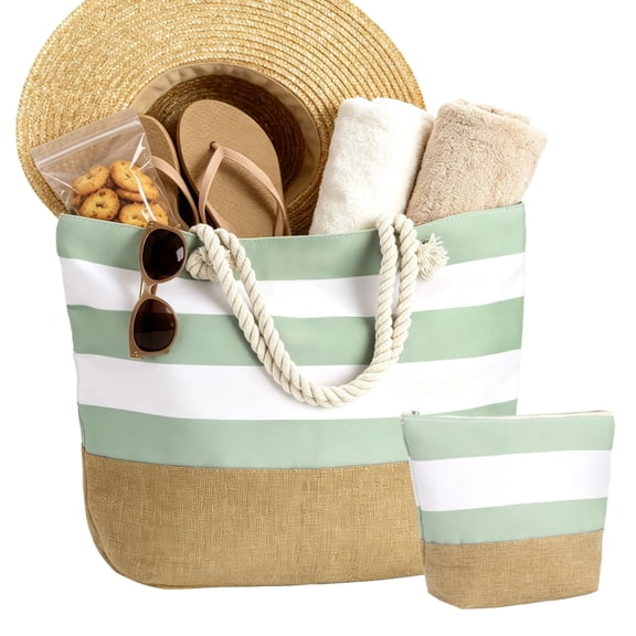 Large Beach Bag, Striped Beach Tote with Small Makeup Pouch, Waterproof Polyester Storage Bag with Zipper Closure and Inner Pocket for Travel, Shopping, Picnic, Outings