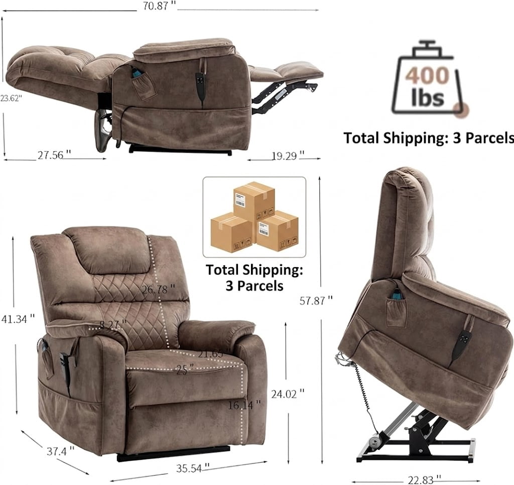 Howcool Lift Recliner Chair Lay Flat 180°, Dual Motor Power Lift Chair with Massage and Heating, Infinite Position Heavy Duty Oversized Recliner for Elderly Living Room,Brown