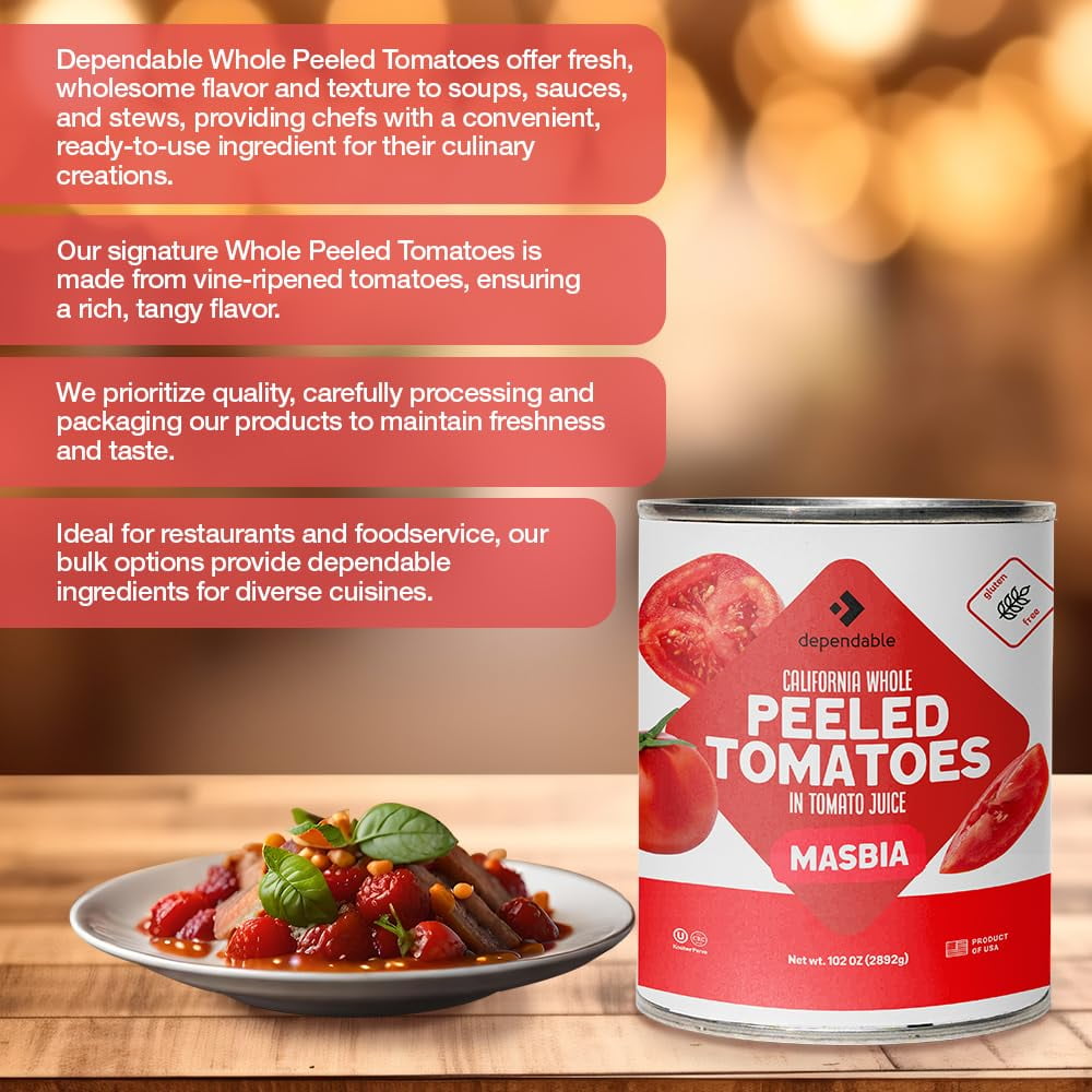 Dependable Food Peeled Tomatoes, Kosher, Gluten Free, & Vegan Canned Peeled Tomatoes, 6.375 lbs Bulk Can
