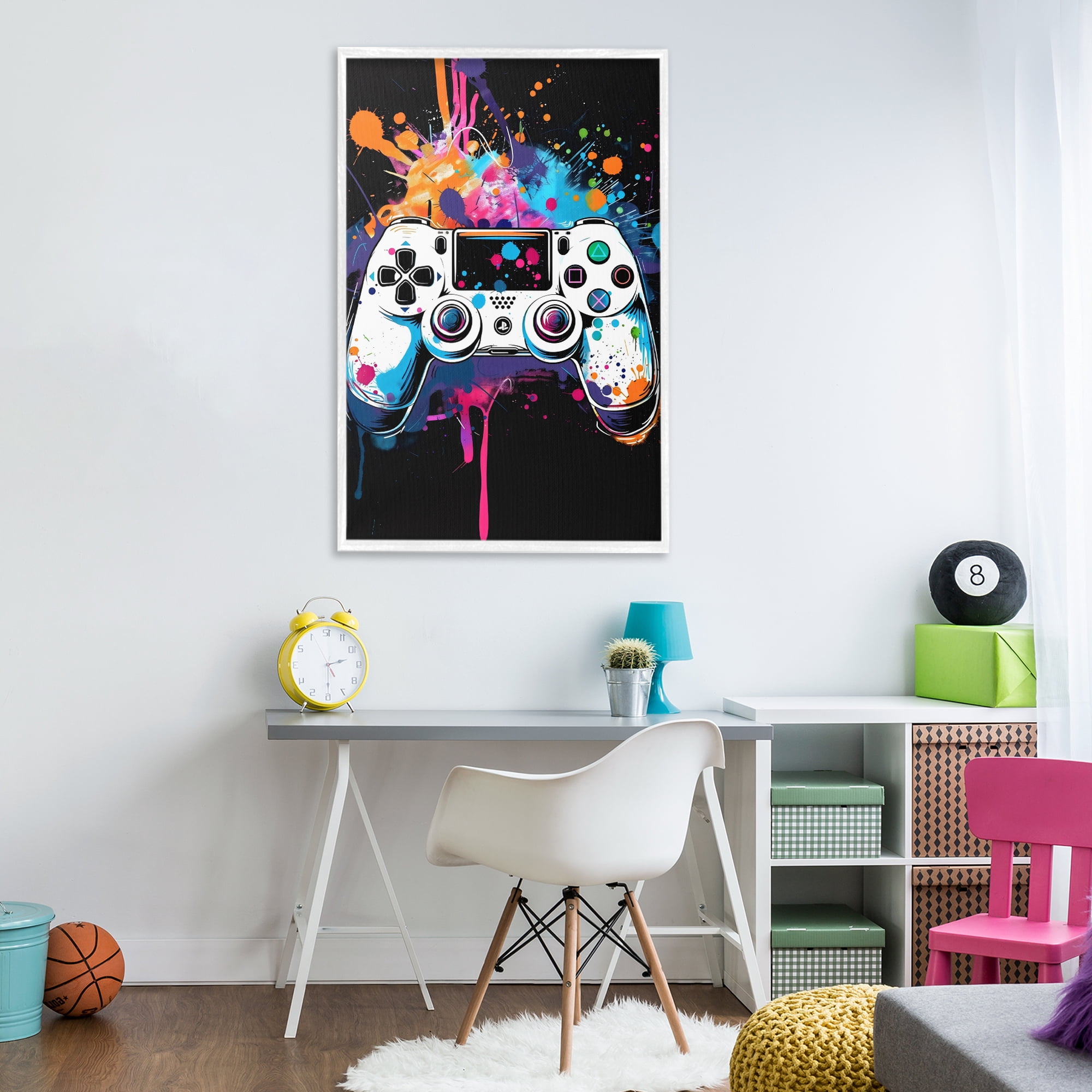 Stupell Industries Controller Contrast with Neon Splatter White Framed Giclee Art, design by Creative Studio
