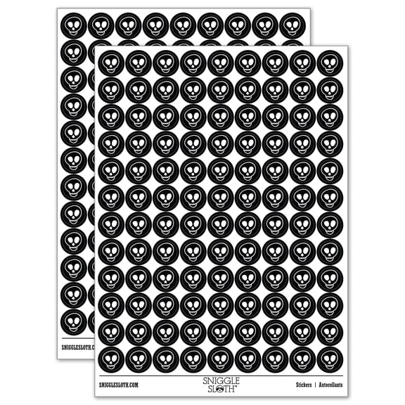 Skull Doodle 200  Round Stickers - Black - Gloss Finish - 0.50" Size