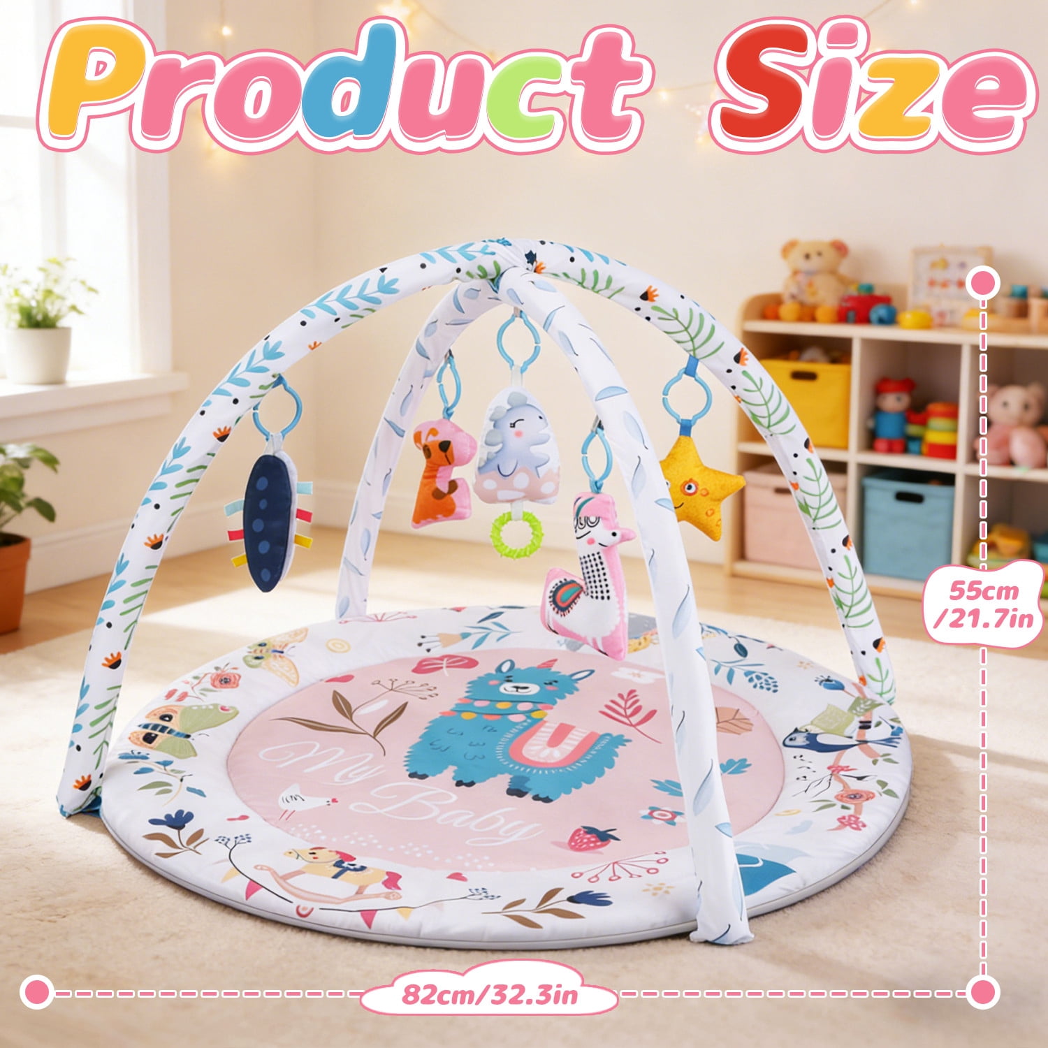 JoyStone Baby Gym Play Mat Activity Mat with 6 Detachable Toys, Round Tummy Time Play Mat for Newborns & Infants 0–12 Months