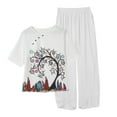 thumbnail image 4 of Jacenvly Summer Trendy Women's Summer Printed Half Sleeve Round Neck Cropped Top + Casual Pants Suit Set Two Piece Lounge Set Floral Skin-Friendly Two Piece Outfits Women Plus Size White, 4 of 5