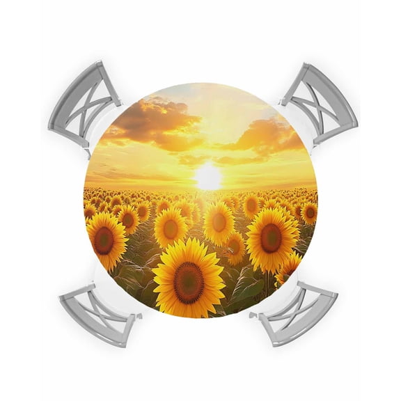 nqOlkjepod Sunflower Field Round Tablecloth, Fitted Table Cover with Elastic for 36"-44" Round Tables, Summer Vintage Botanical Flowers Table Cloth Outdoor Dinning Party Waterproof Tablecloths