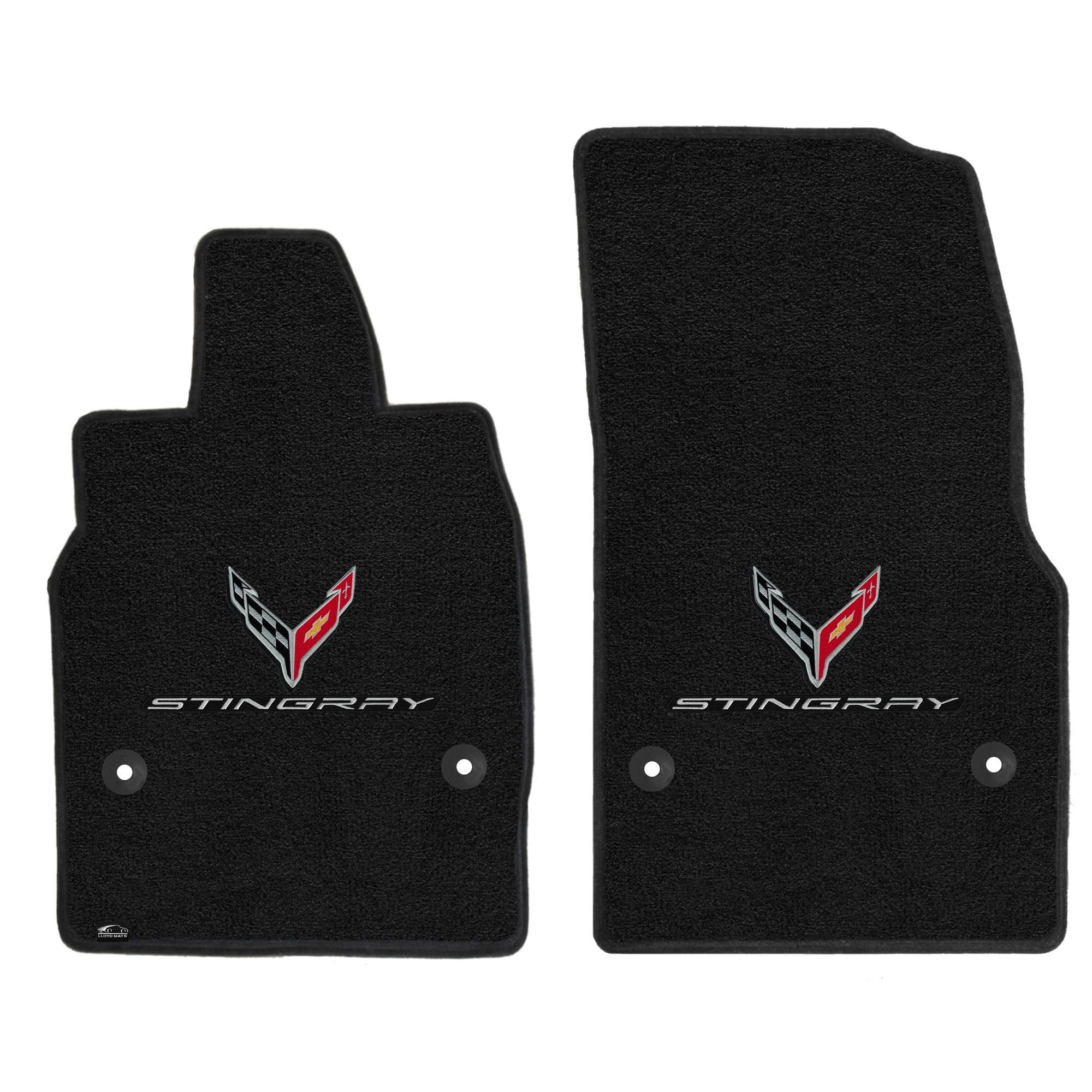 C8 Corvette Floor Mats - Lloyds Mats with C8 Crossed Flags & Silver Stingray Script Ebony