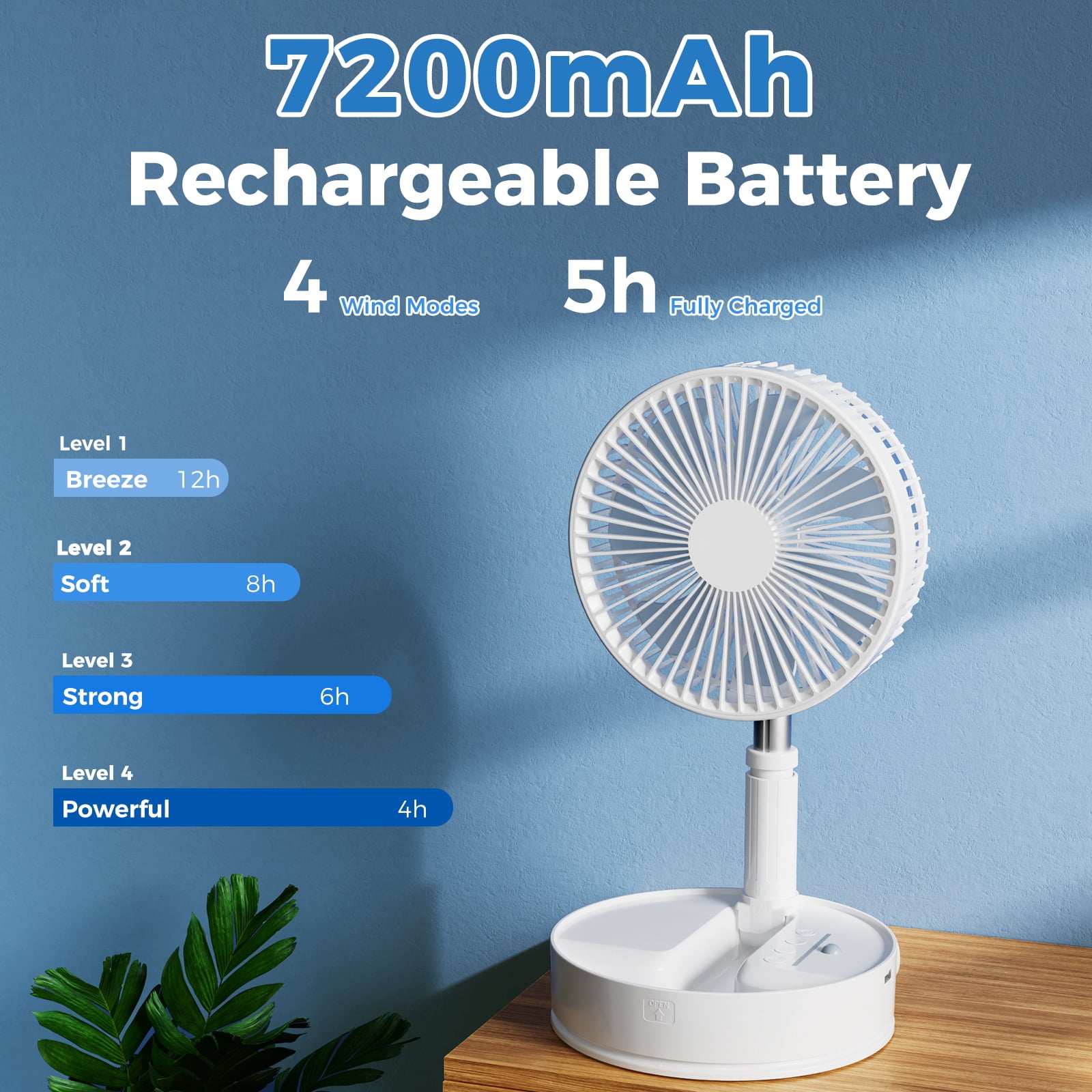 Rywell 8" Foldable Standing Fan with Remote, Battery Operated Oscillating Fan with 3 Height, 4 Speed, 7200mAh Rechargeable Pedestal Fan for Bedroom Office Camping Travel