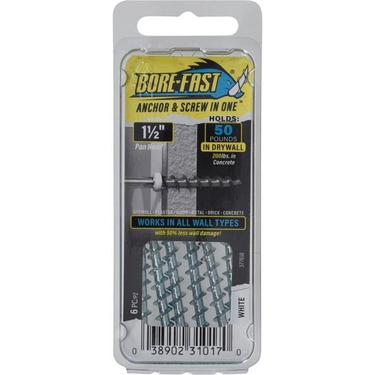 Borefast 5037081 0.18 x 1.5 in. Steel Pan Head Screw & Anchor, White - 6 Piece - Pack of 10
