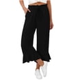 thumbnail image 4 of KLHDSF Pants For Women Drawstring Elastic Waist Cropped Pants with Pockets And Ruffle Hem Cotton Linen Solid Summer Trousers BlackL, 4 of 7