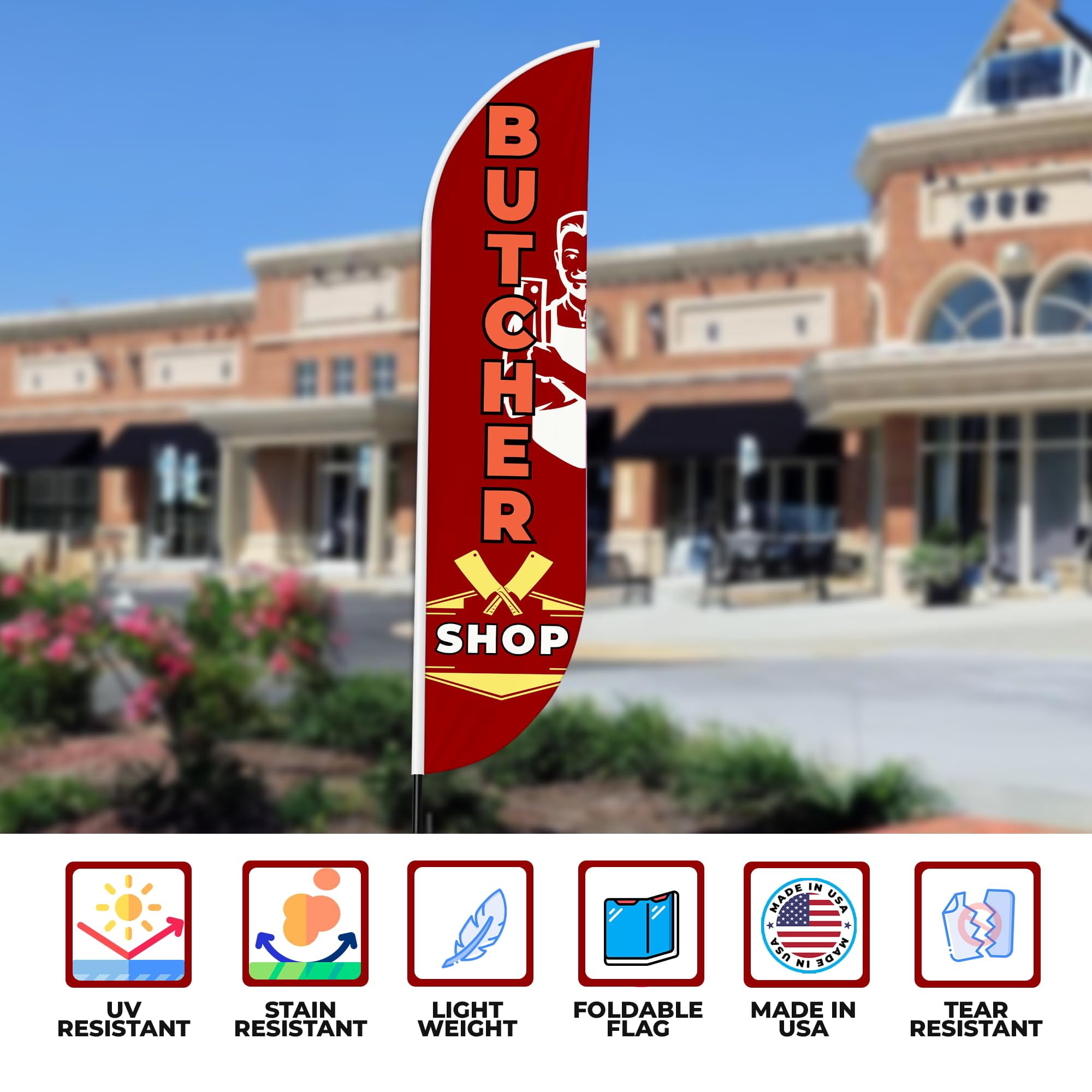 Butcher Shop Sign feather flag Pole Mount Outdoor by Mavis Printing-15 FEET Long Polyester Outdoor Banner Flag Easy Hang | HD Print Swooper Flag Pole Kit Advertise Butcher Shop Business