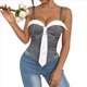 thumbnail image 1 of Top de Vestir de Negocios para Mujer con Tirantes Finos, Escote Bajo y Rayas en Contraste y Lazo Gris L, 1 of 10