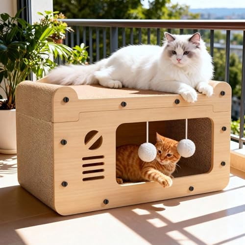 Cat Scratcher House, 2 in 1 Cat Bed and Cave with Hanging Ball Toys, Wooden Scratching Board for Kittens and Adult Cats