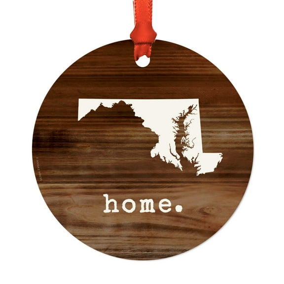 US State Round Metal Christmas Ornament, Rustic Wood Print, Maryland, Includes Ribbon and Gift Bag